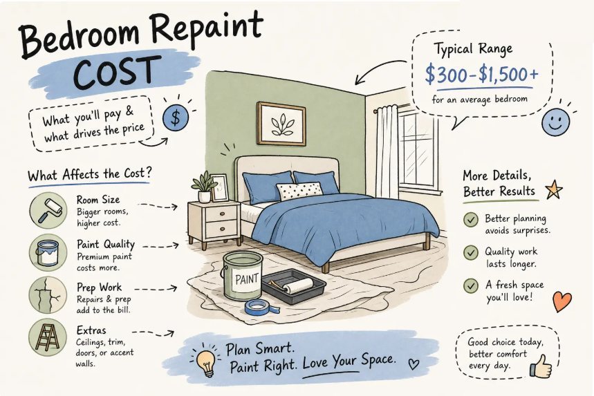 Bedroom repaint cost infographic — typical range $300 to $1,500+; price drivers: room size, paint quality, prep work, and extras like ceilings, trim, and doors
